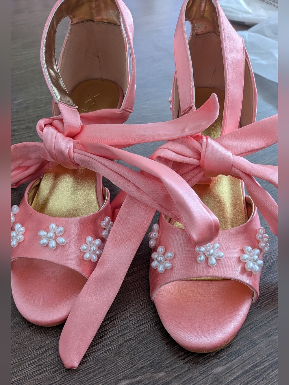 Peachy Pink Pearl Embellished Block Heel (2.5 in) Sandals with Ankle Tie